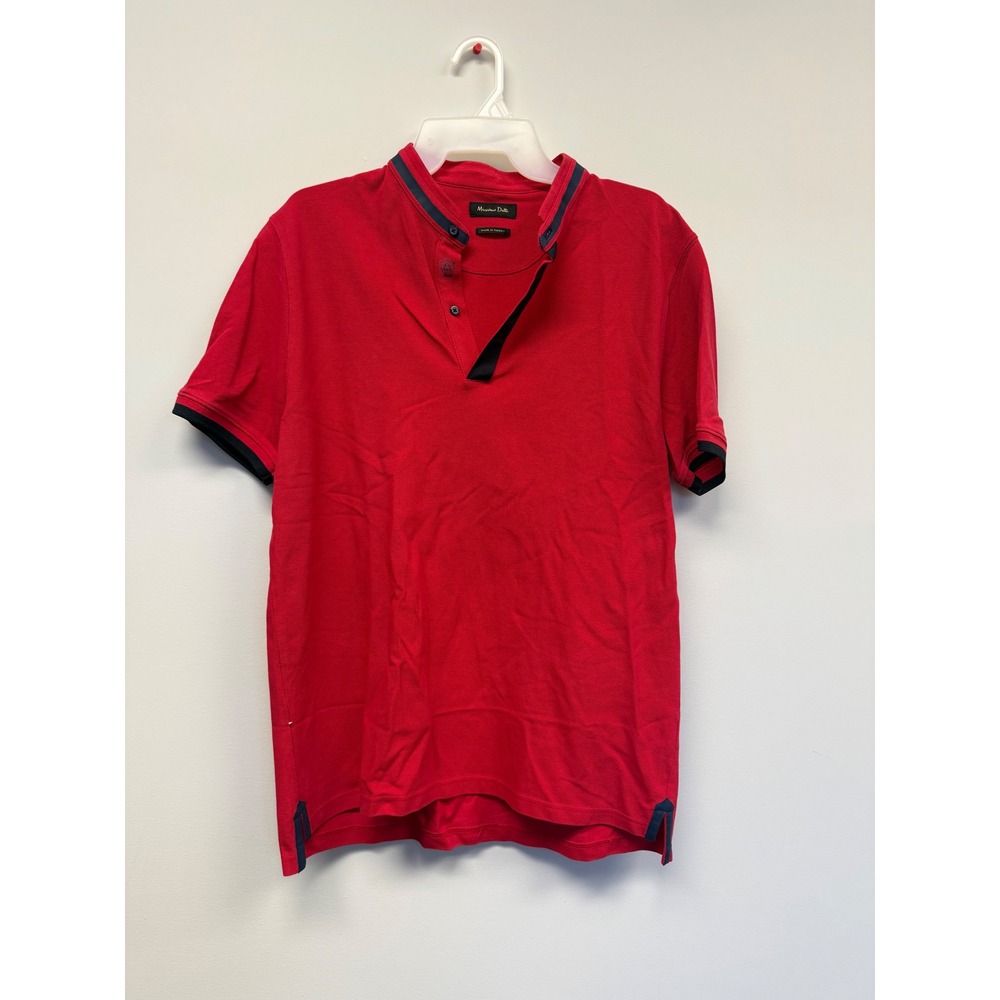 Massimo Dutti Mens Red Cotton Pique Band Collar Polo‎ Shirt Navy Trim USA XL